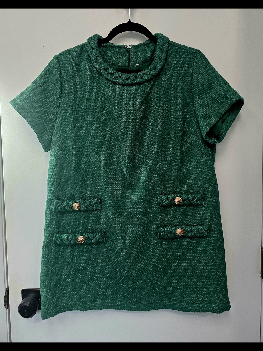 Kelly Green Short-Sleeve Tweed Shift Minidress Braid Detail Gold Buttons-Lrg